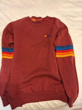 Aviator Nation Rust Crewneck Sweatshirt with Rainbow Stripe Sleeves